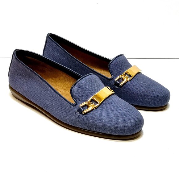 Aerosoles Close Bet Blue Fabric 103 Loafers 7M Gold Chain Detail Memory Foam NIB - Picture 2 of 13